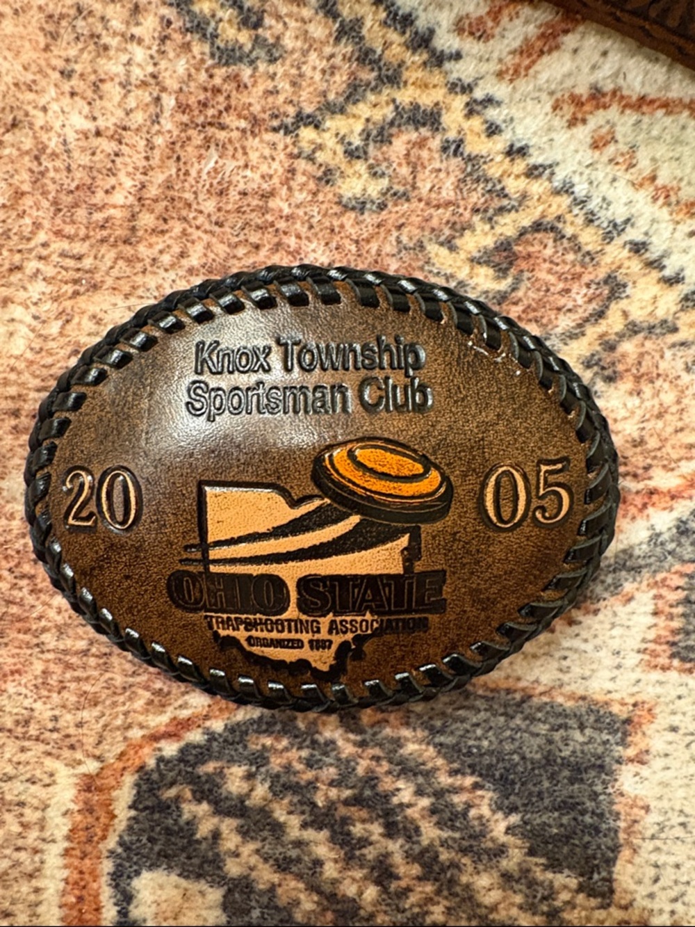 Brown Leather Belt Buckle with Knox Township Sportsman Club Embossing